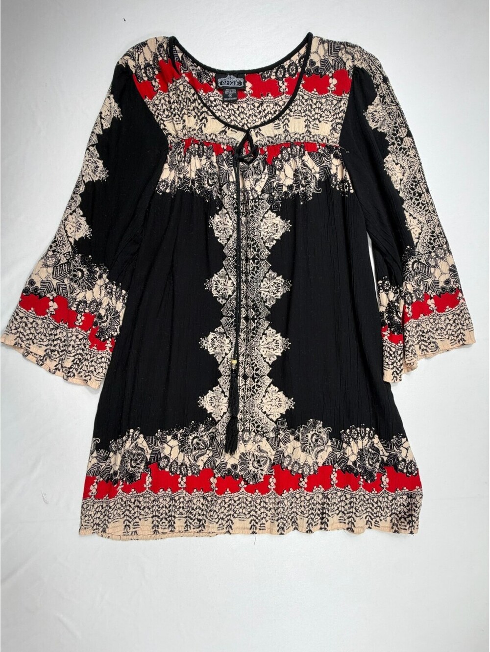 Angie Women's Rayon Bohemian Blouse with Red and Beige Pattern
